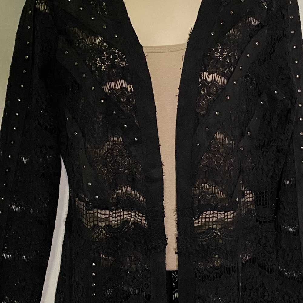 Vocal Lace Knit with Studded Faux Suede, Scalloped Hem Open Front Cardigan - Picture 6 of 13